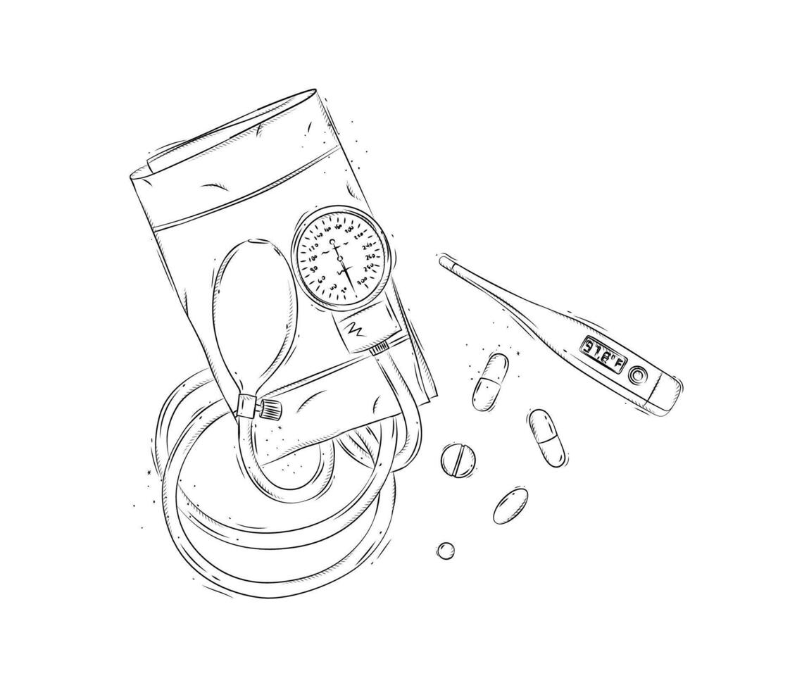 Pressure measurement tool, electronic thermometer and pills composition for medical purposes drawing in graphic style on white background vector