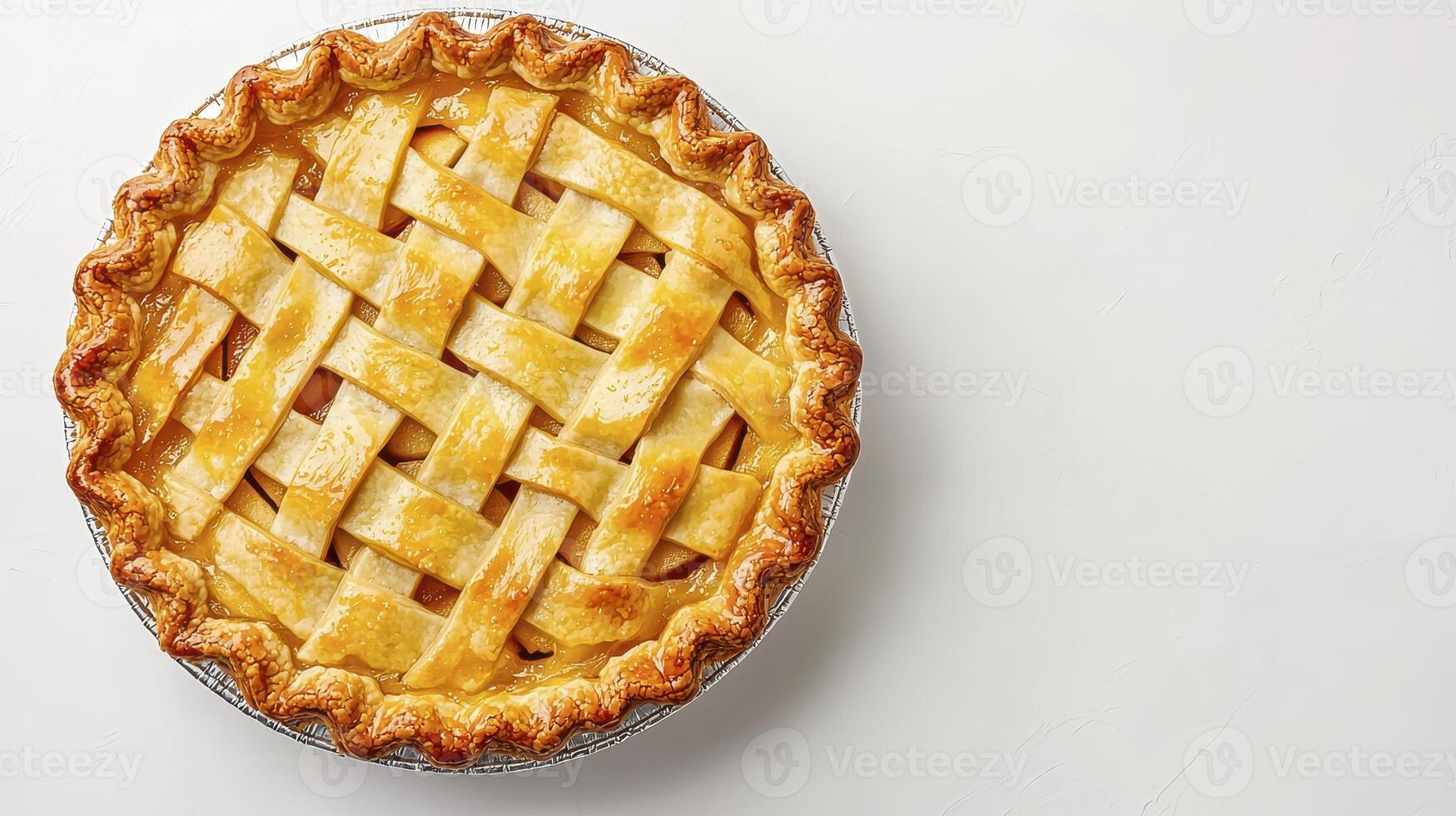 Freshly baked lattice-top apple pie on a smooth white surface showcasing its golden crust and inviting filling photo