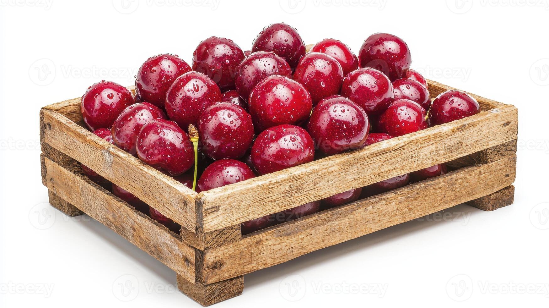Crate filled with fresh red cherries displaying glossy texture in a rustic wooden container photo