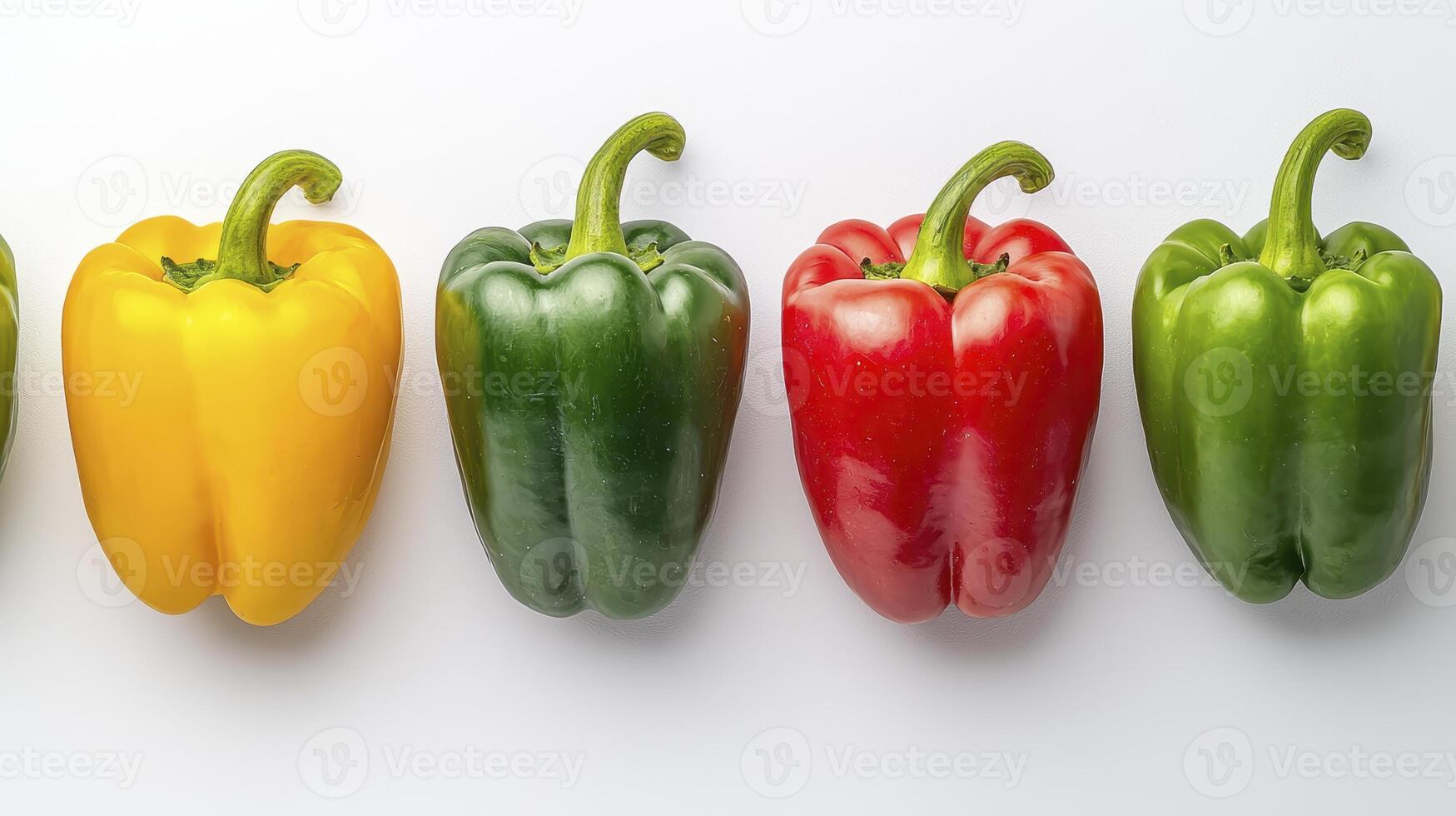 Colorful fresh bell peppers in vibrant hues of red, green, yellow, and orange arranged on a clean white background photo