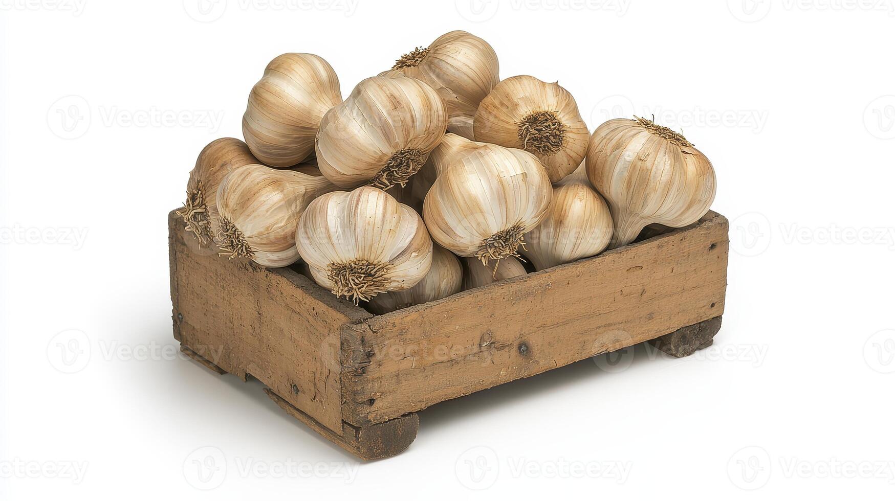 Wooden crate filled with fresh garlic bulbs showcasing organic textures and earthy colors photo
