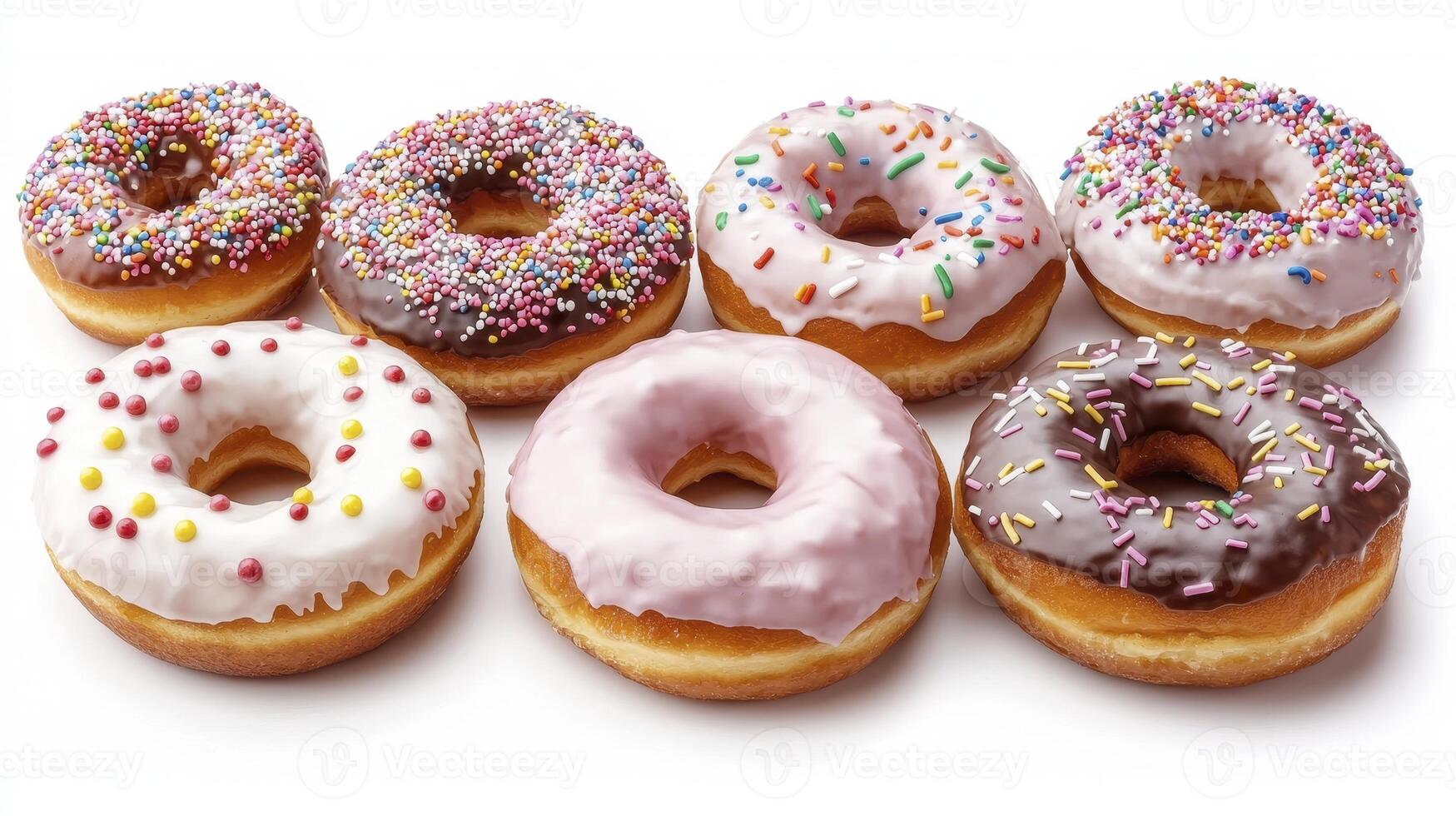 Display of assorted donuts with vibrant sprinkles and delicious glazes on a bright background photo