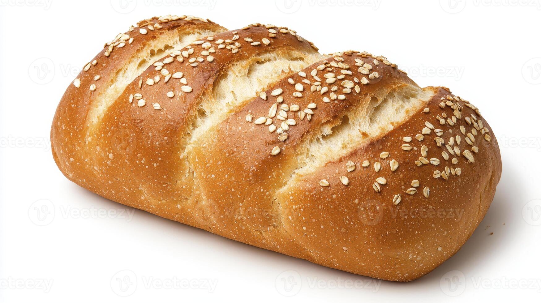 Freshly baked golden loaf of bread sprinkled with oats showcasing artisanal craftsmanship and delicious texture photo