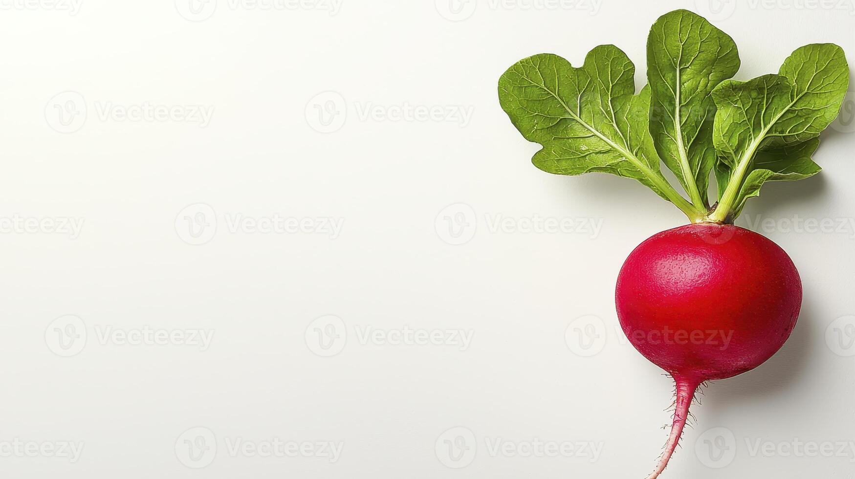 Vibrant red radish with fresh green leaves on a clean white surface showcasing healthy natural produce photo