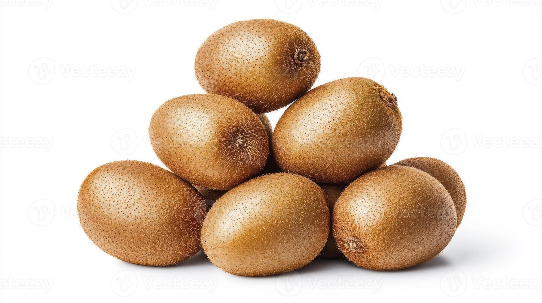 Fresh pile of golden-brown kiwifruits against a clean white backdrop showcasing natural texture and freshness photo