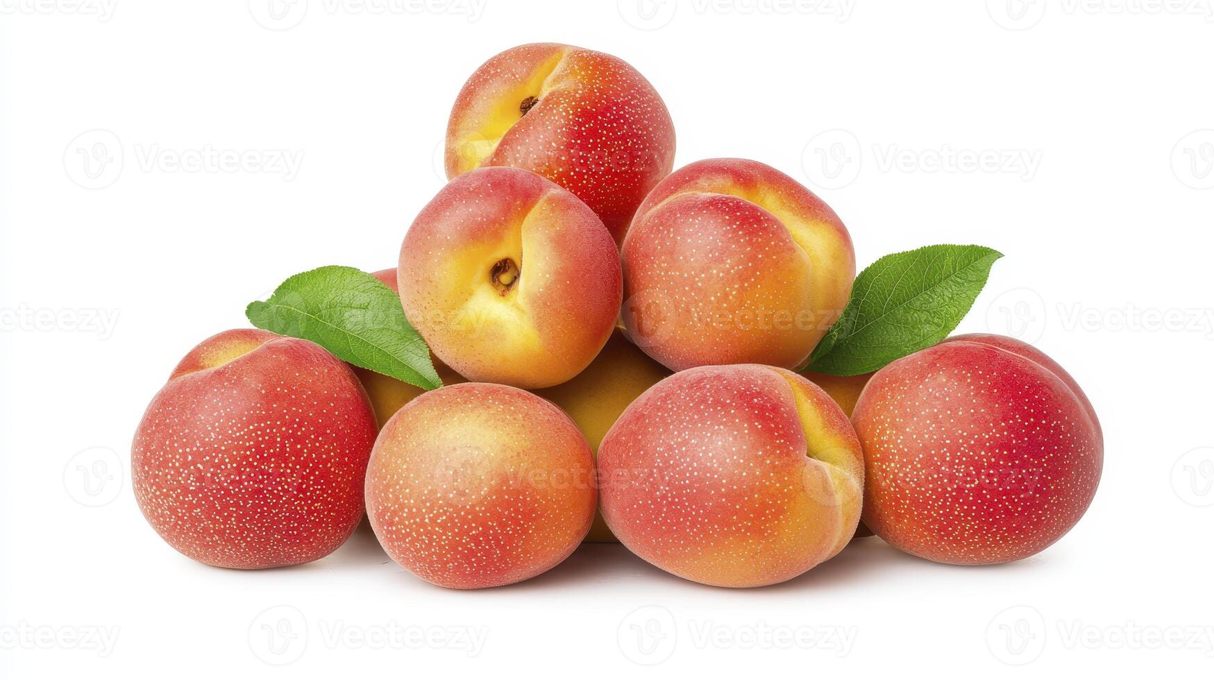 Fresh ripe apricots arranged in a pyramid with green leaves on a white background showcasing vibrant colors photo
