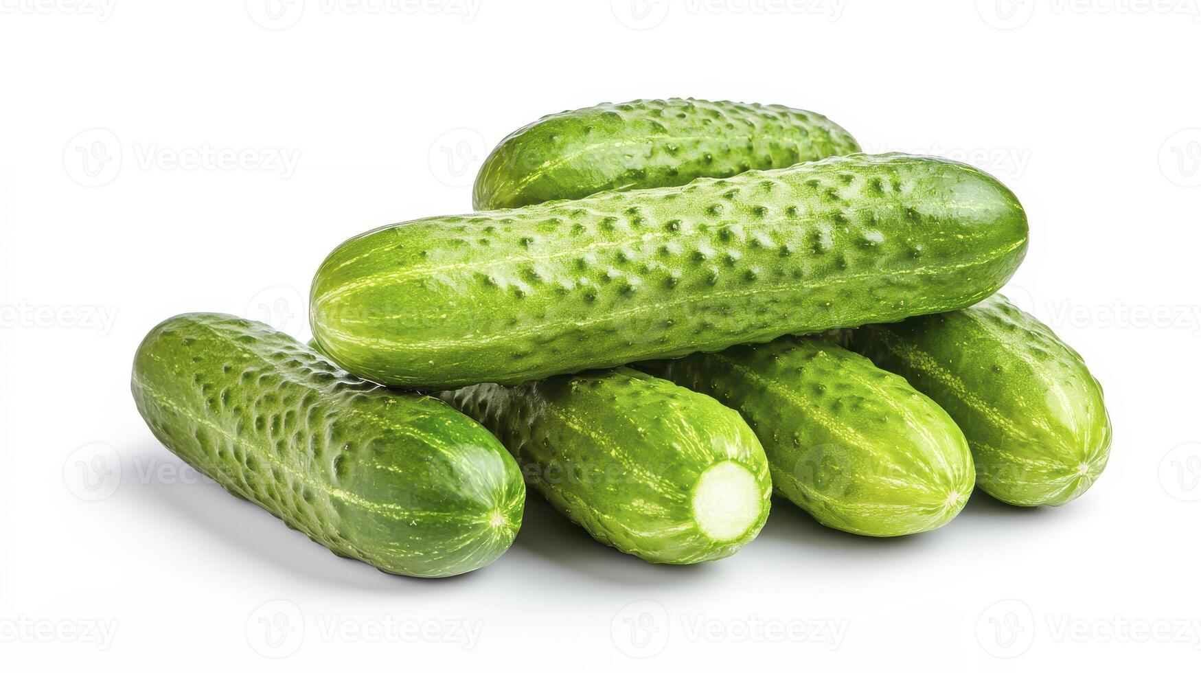 Fresh green cucumbers stacked on a white background showcasing vibrant color and crisp texture photo