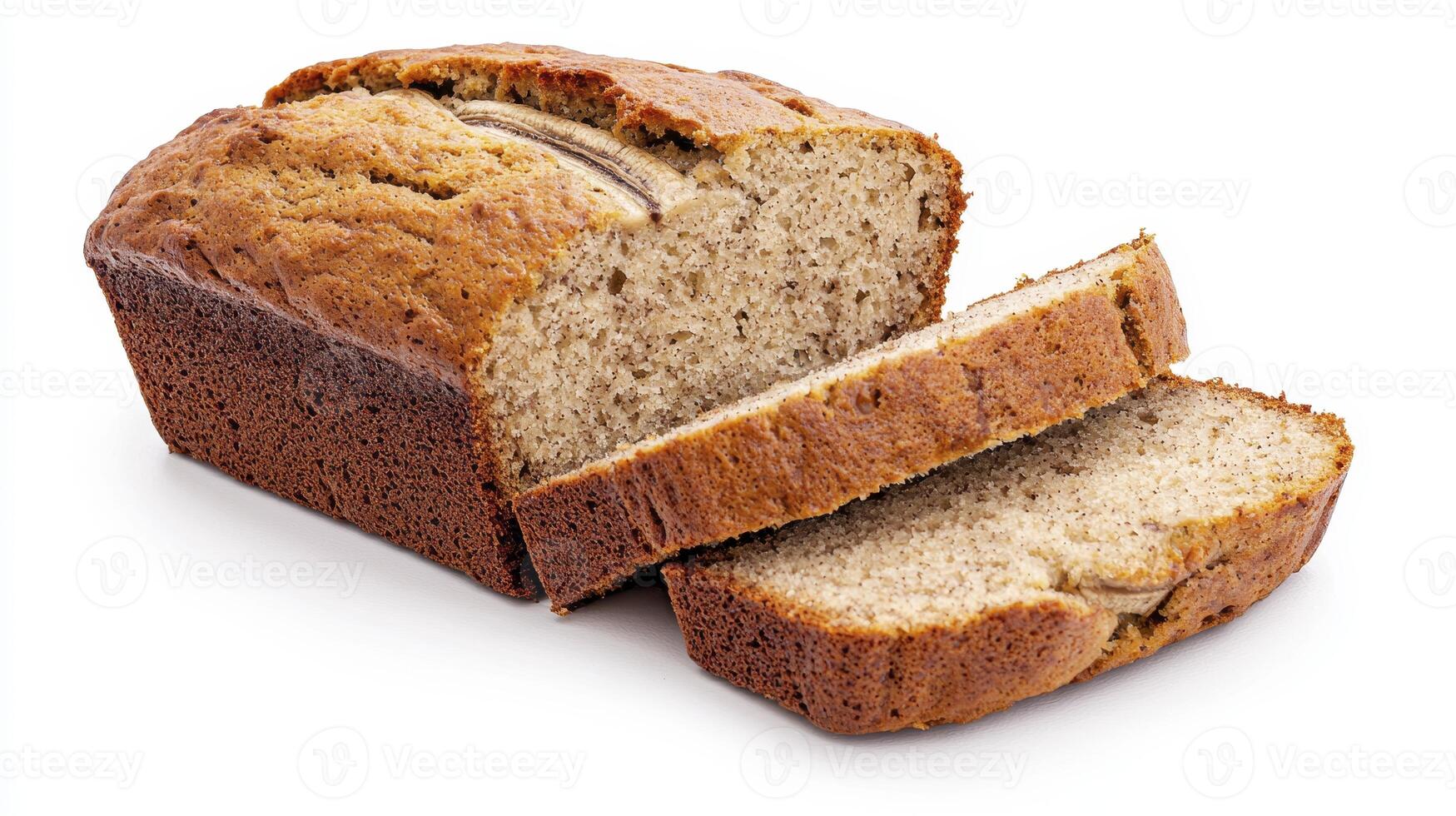 Freshly baked banana bread with golden crust and soft interior on a clean background ready for serving or enjoying photo
