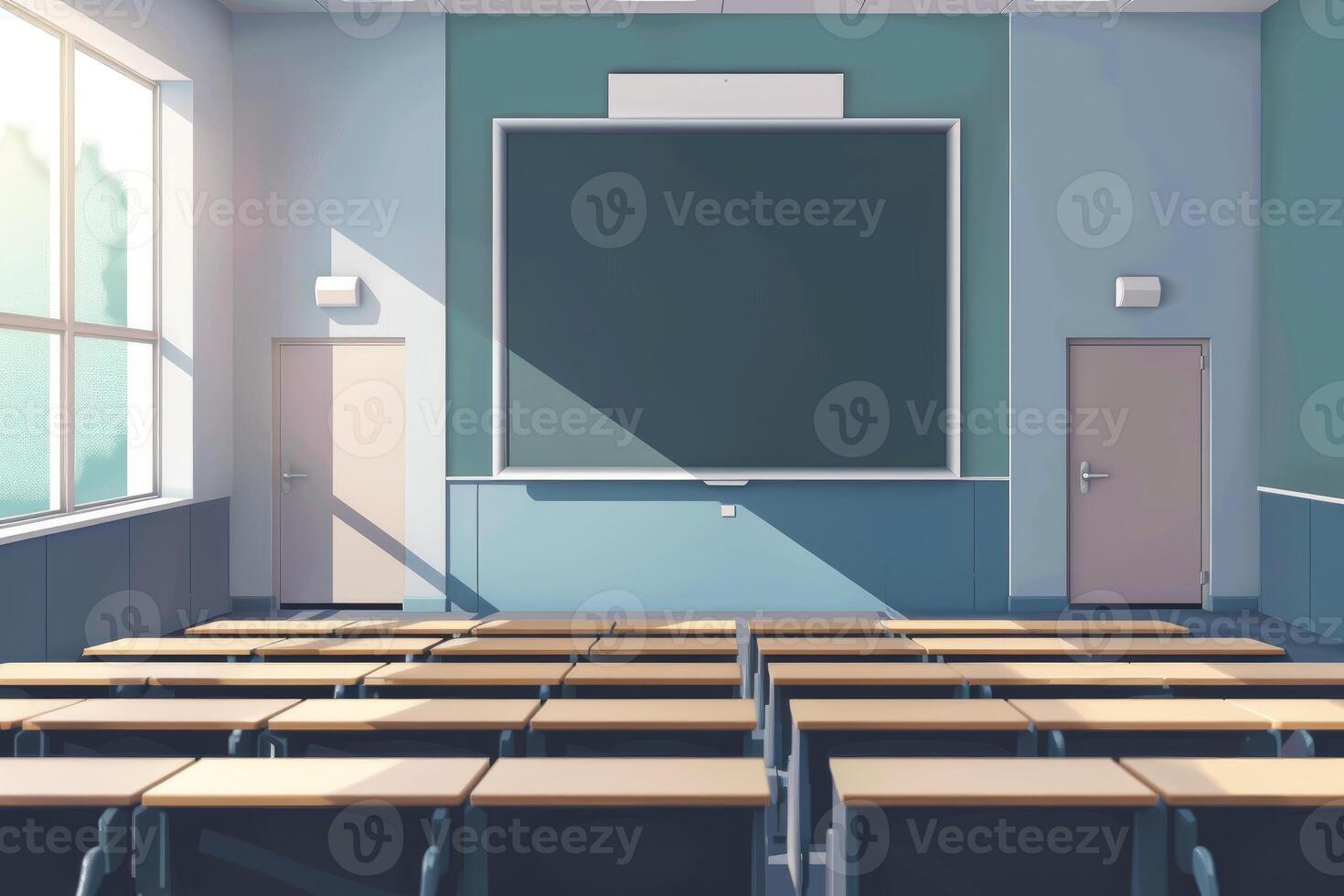 Empty classroom with sunlight shining through window and chalkboard on wall photo