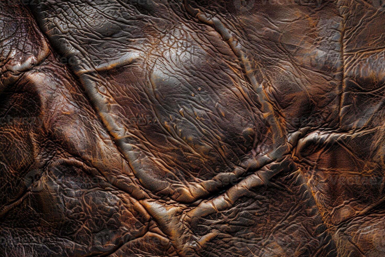 Close up of textured brown leather showing wrinkles and creases photo