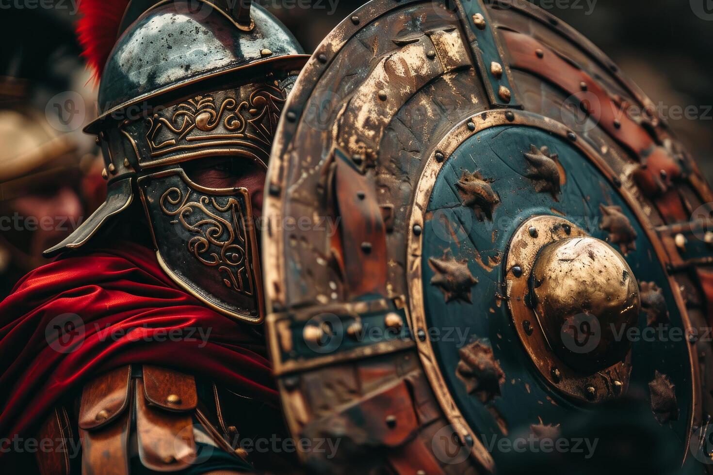 Roman soldier holding a shield and wearing traditional armor photo