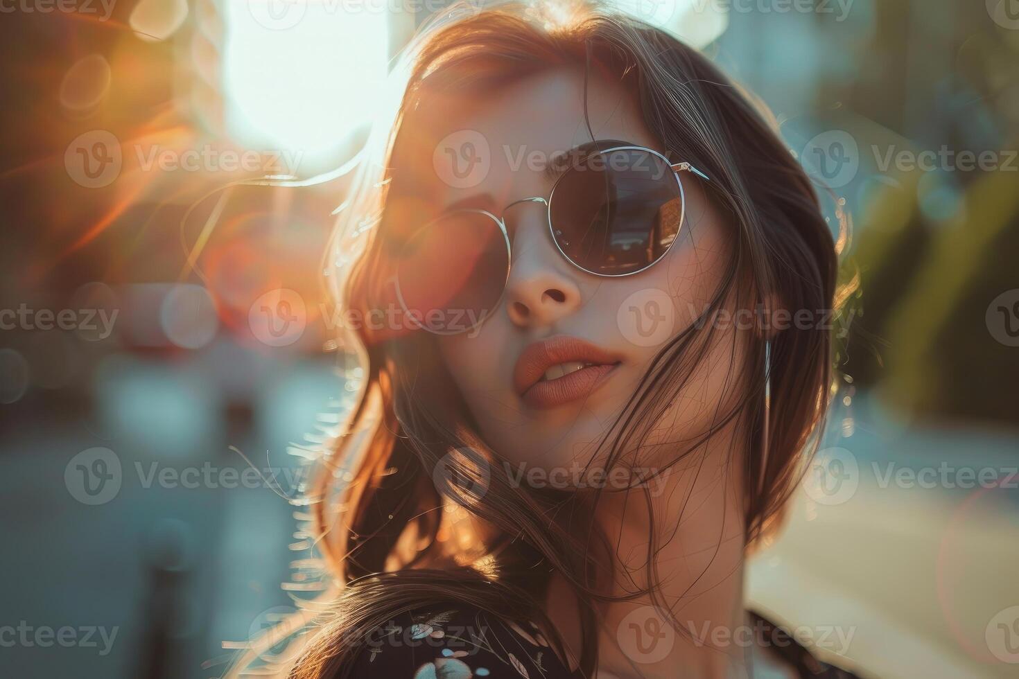 Beautiful young woman wearing sunglasses enjoying golden hour sunset light photo