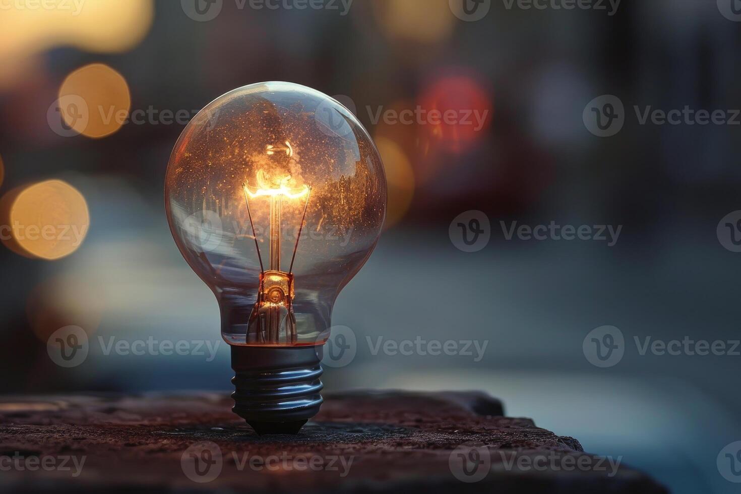 Bright light bulb shining on a stone at dusk, representing ideas and innovation photo