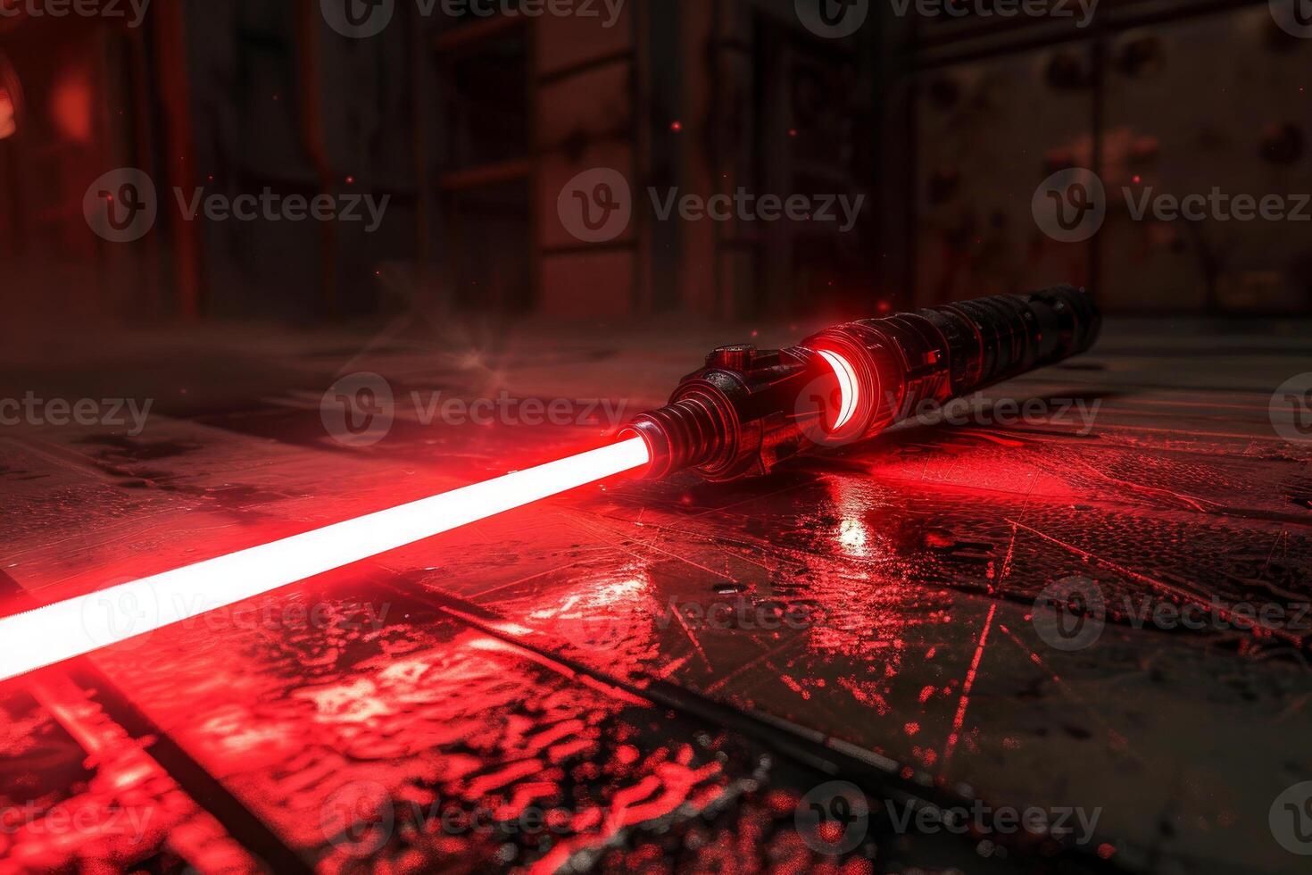 Red laser sword emitting light on dark metallic floor photo