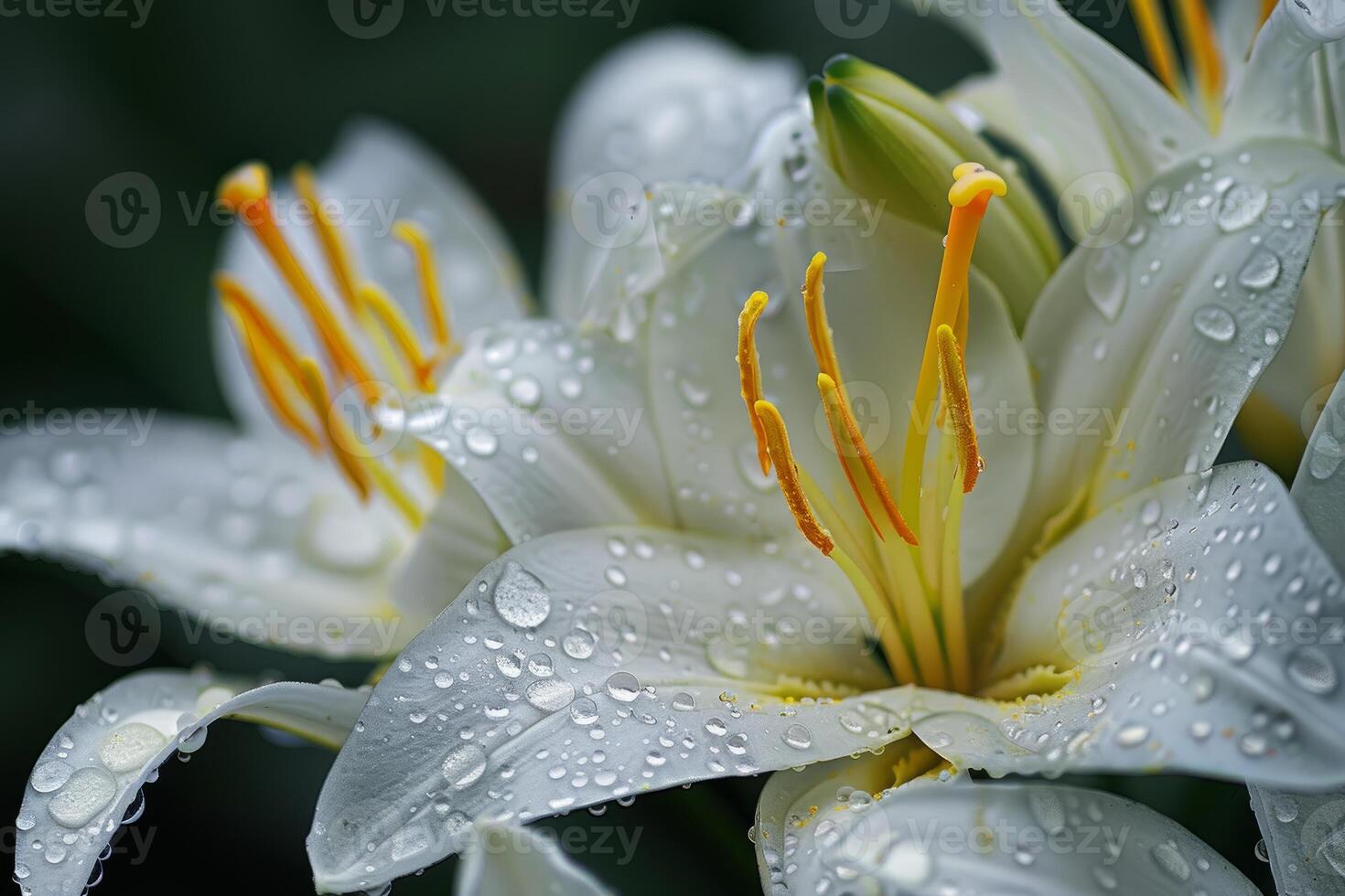 White lily flower showing vibrant stamens covered in raindrops photo