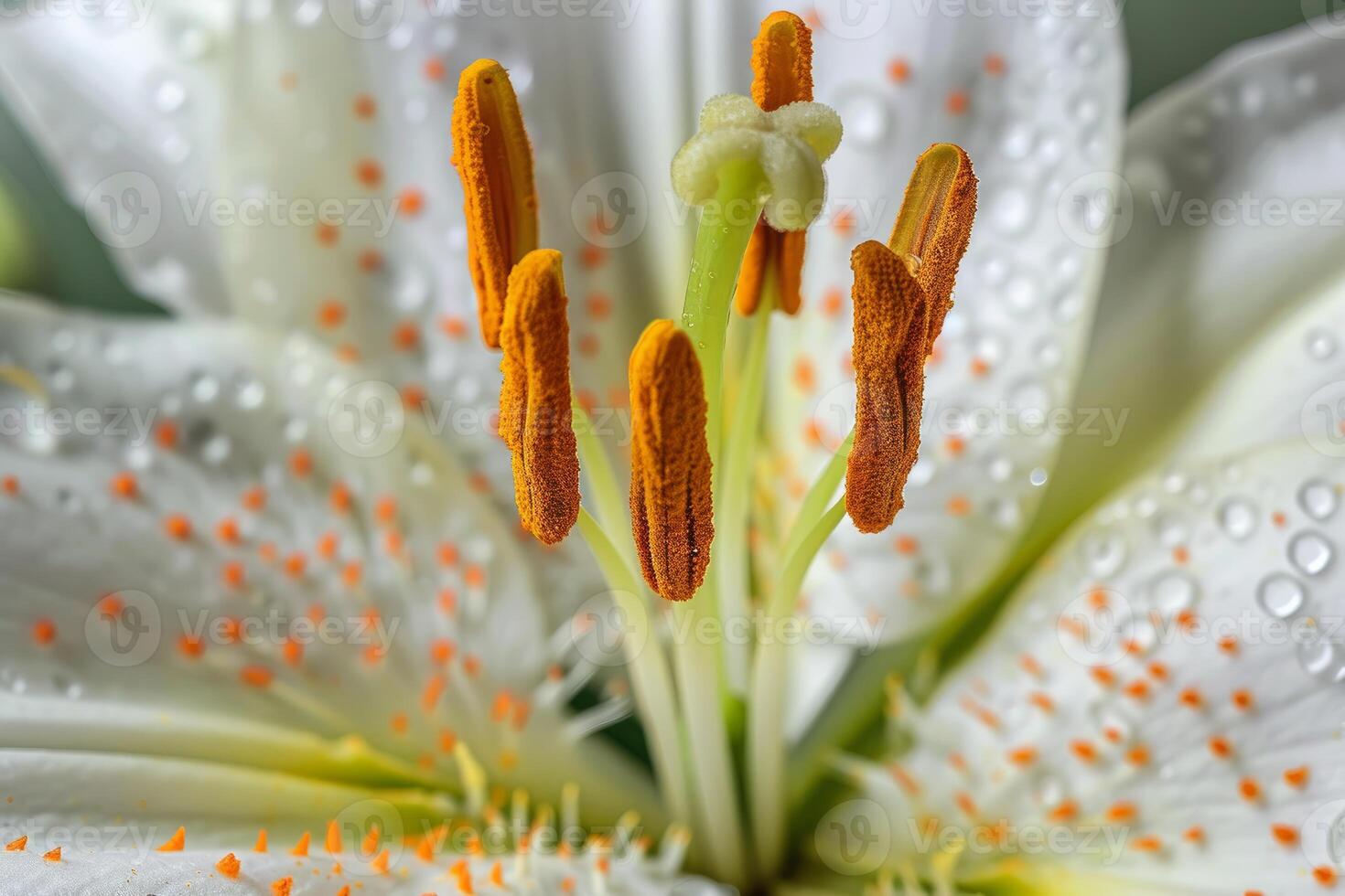 White lily flower showing stamens covered in pollen and water drops photo