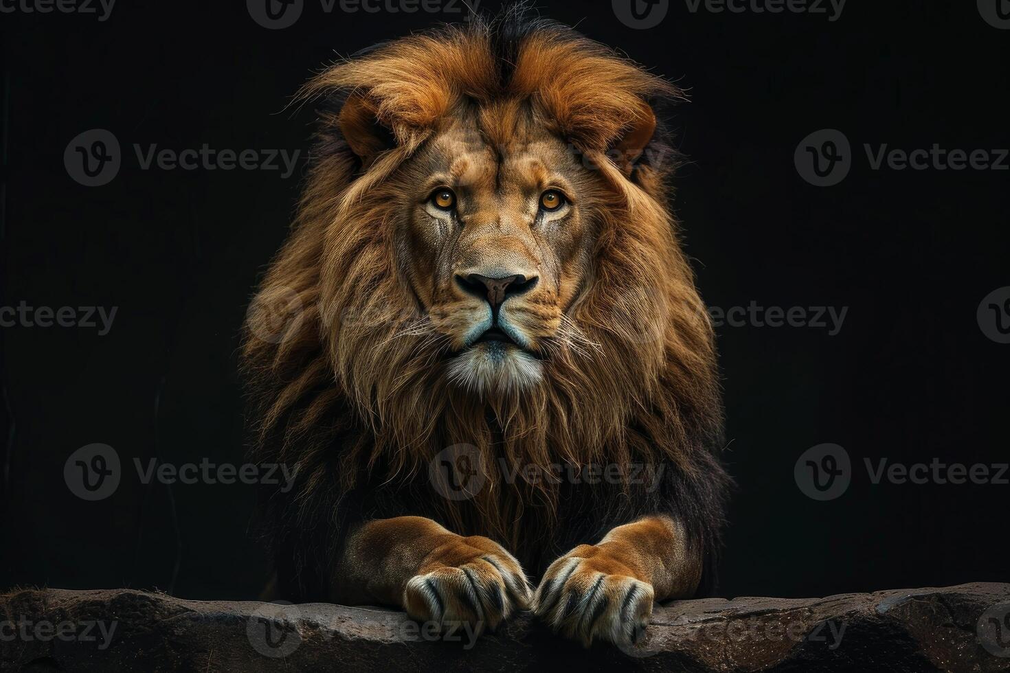 Majestic lion resting on rock, gazing with intensity in the darkness photo