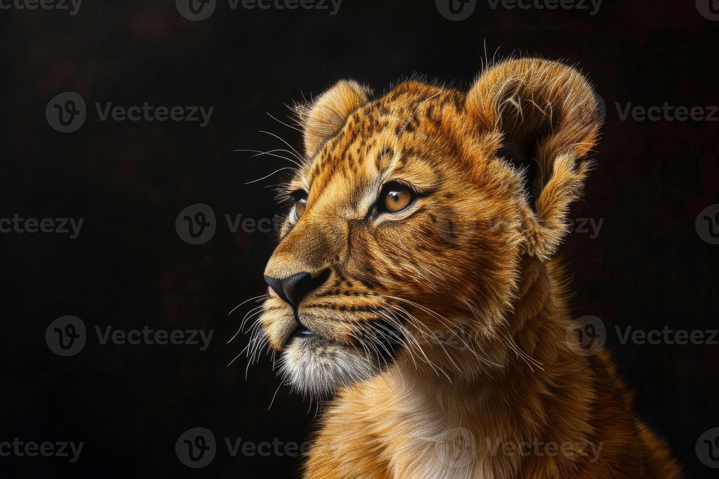 Lion cub looking up on dark background photo