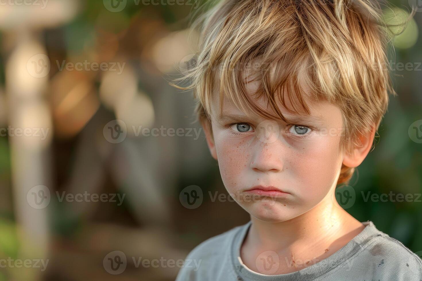 Sad child with dirty face expressing negative emotions photo