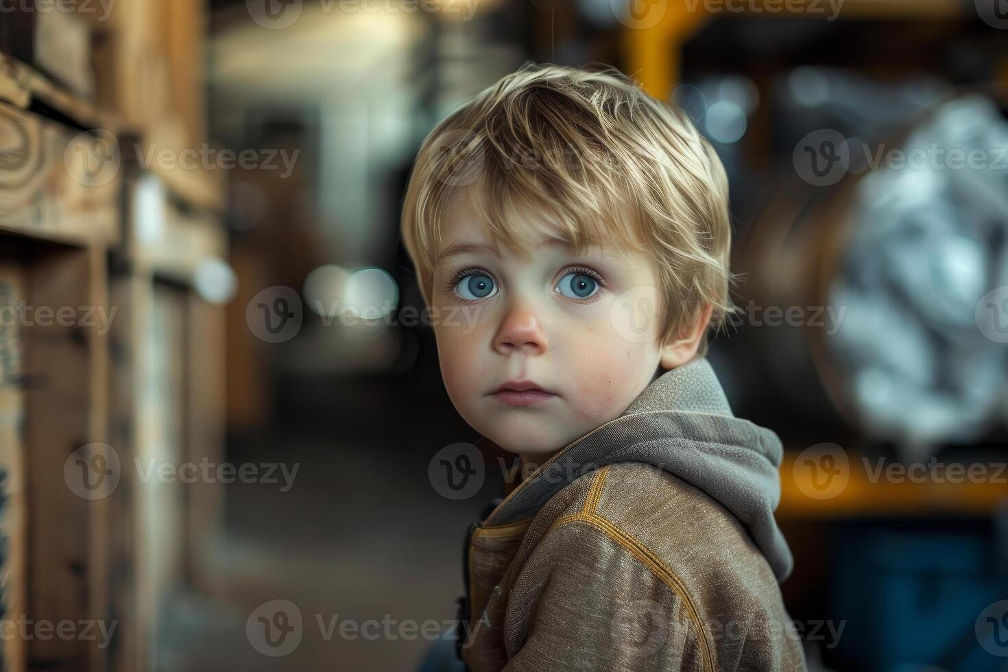 Blond boy looking over his shoulder in a warehouse photo