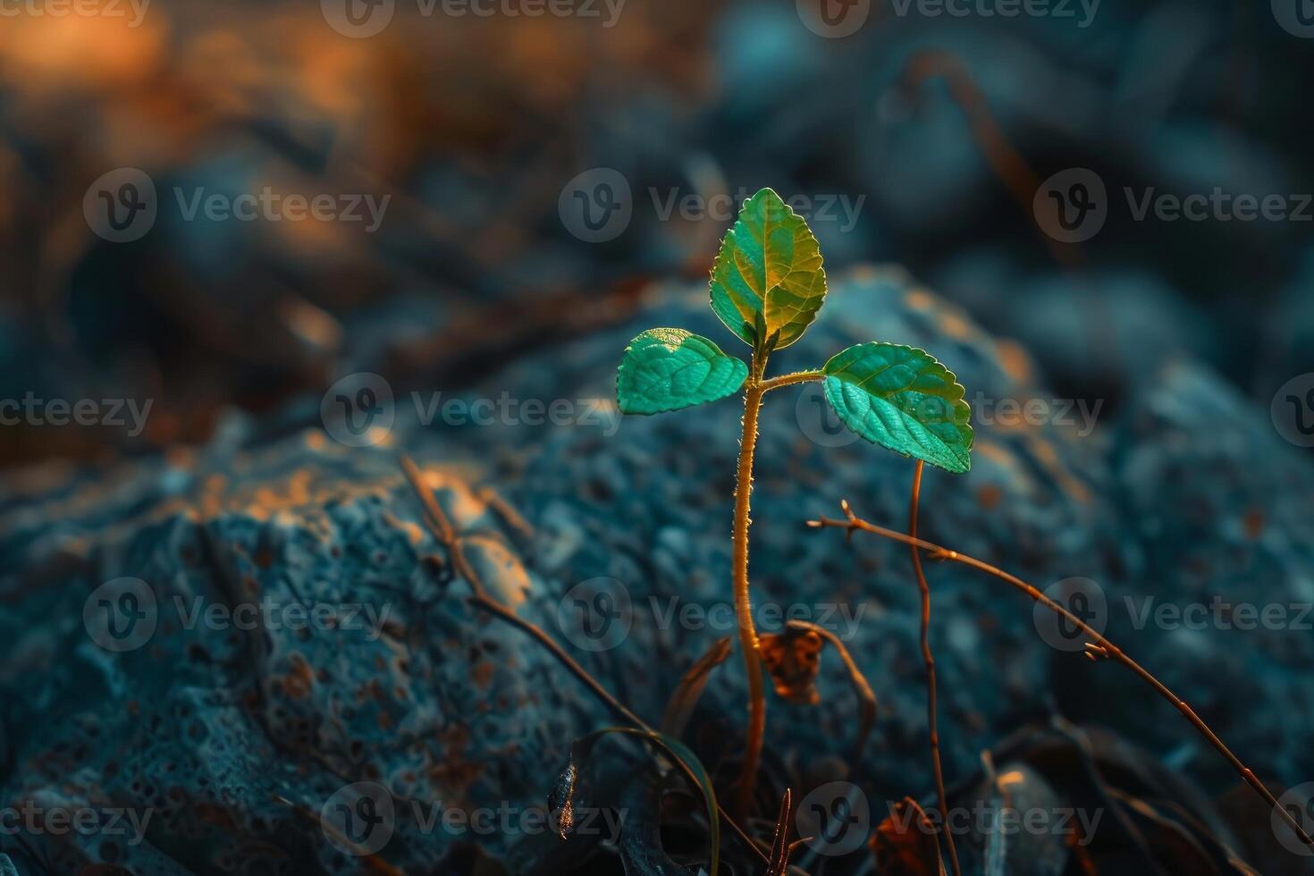 Small plant growing through concrete during golden hour photo