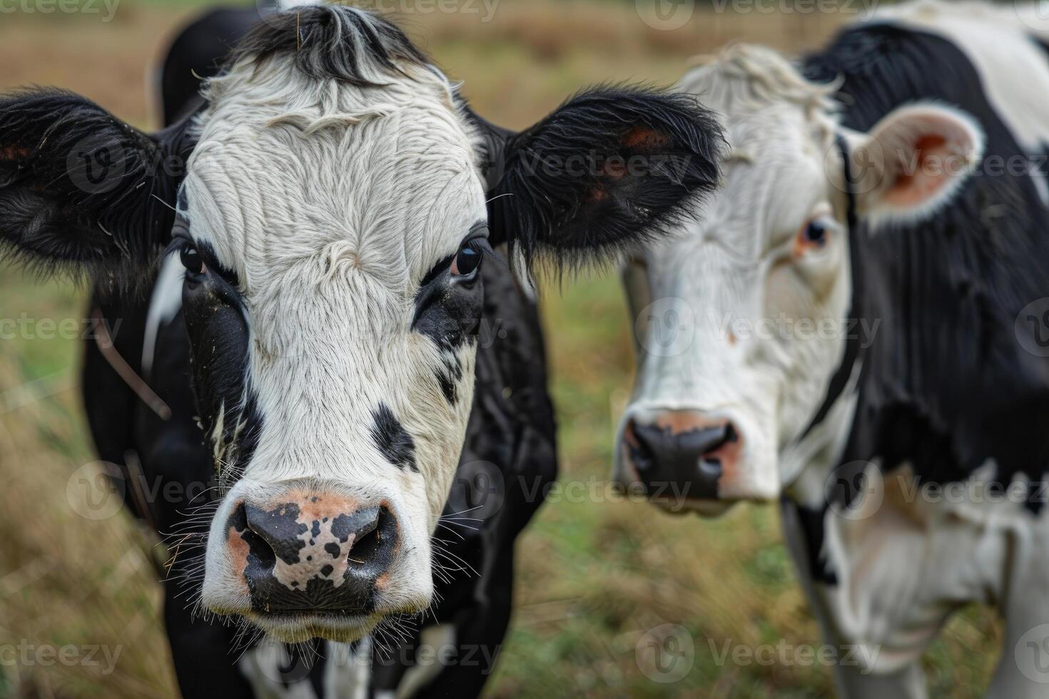Portrait of two black and white cows standing in a field photo