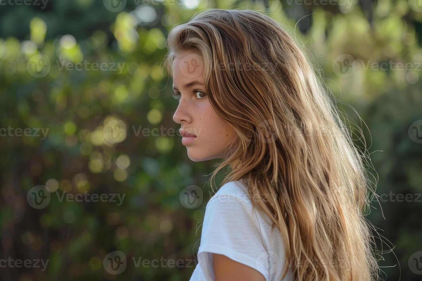 Blonde teenager girl posing with long hair in nature photo