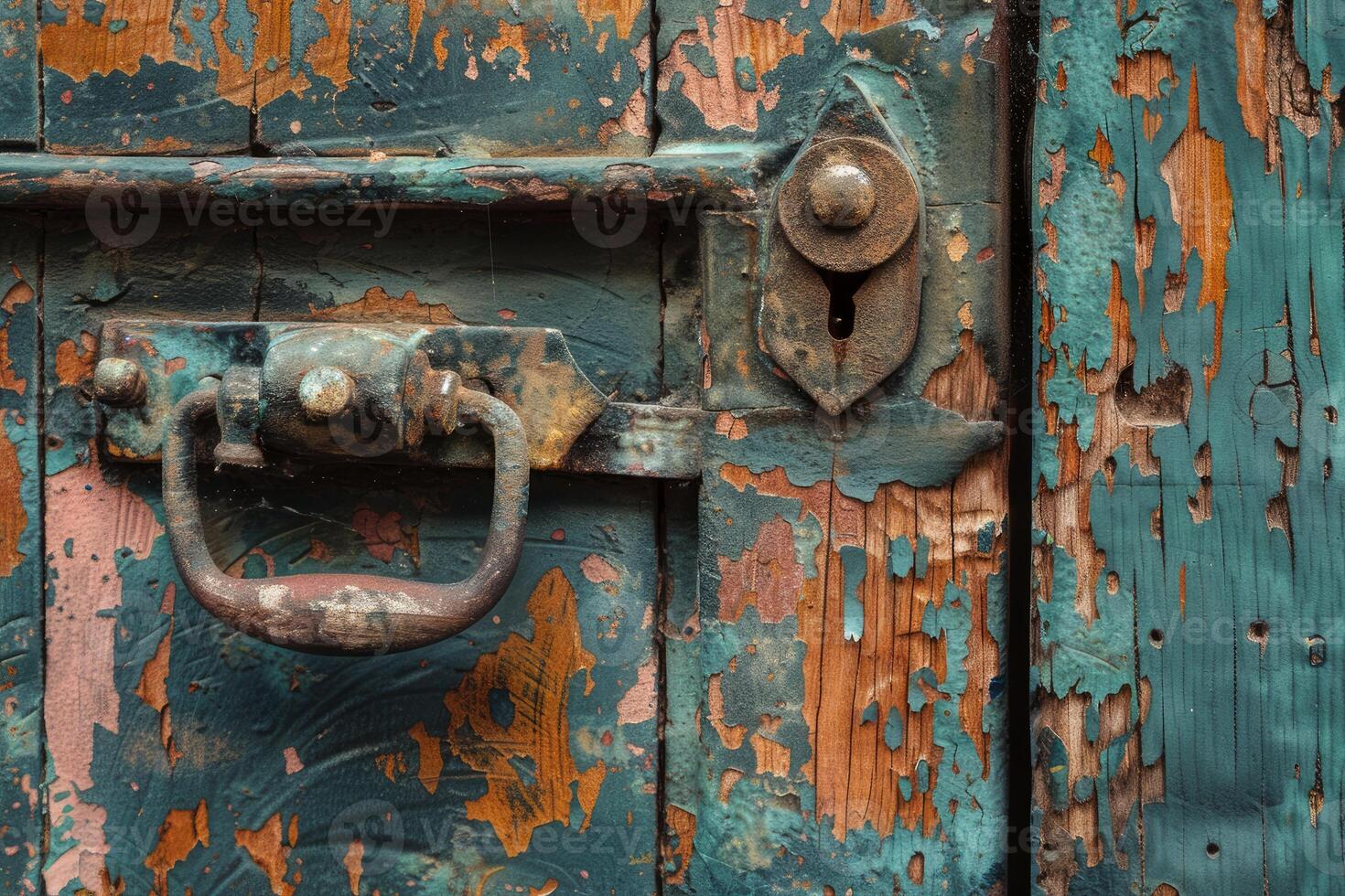 Old rusty metal handle and lock on weathered wooden door photo