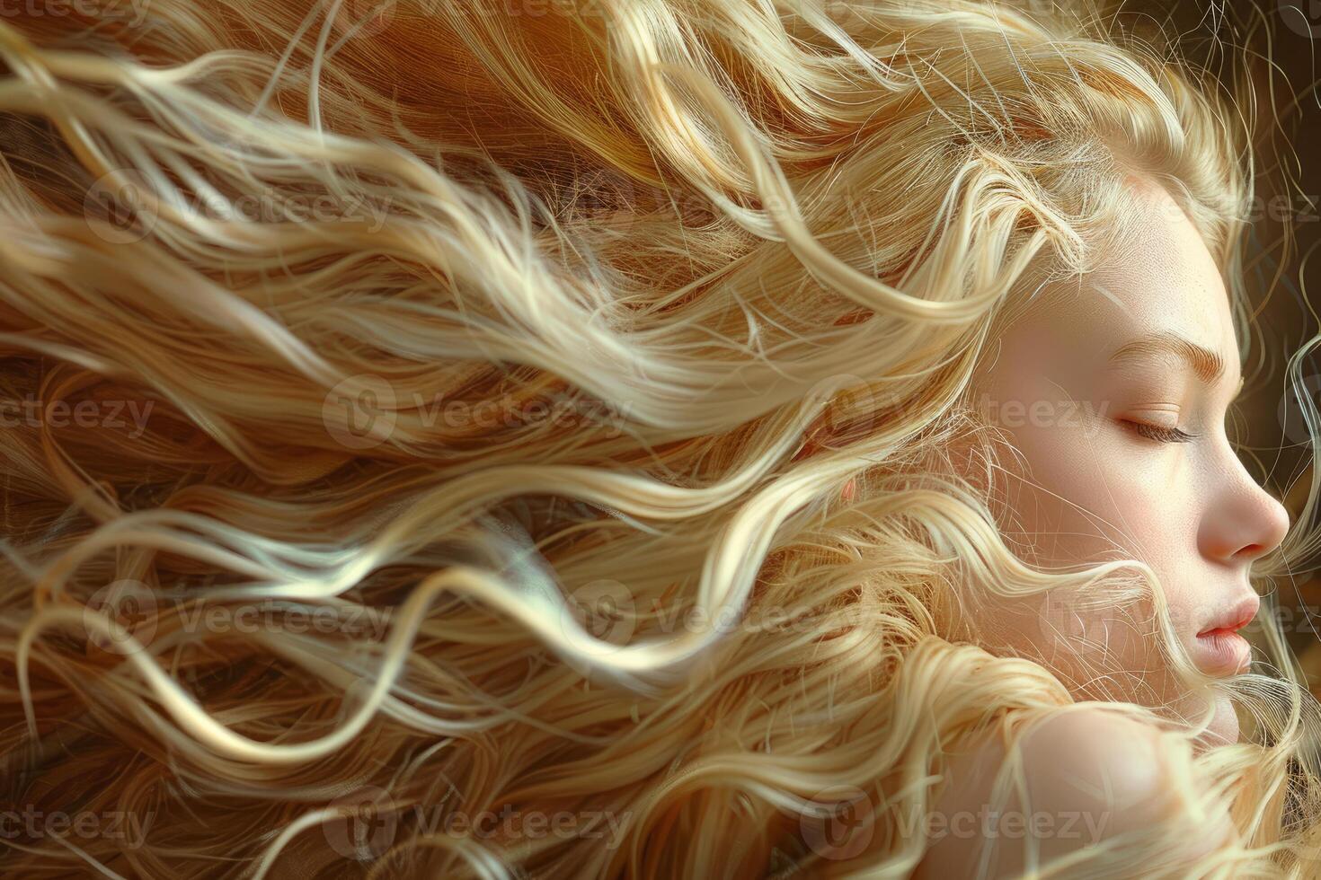 Beautiful blonde woman with long wavy hair flowing in wind photo