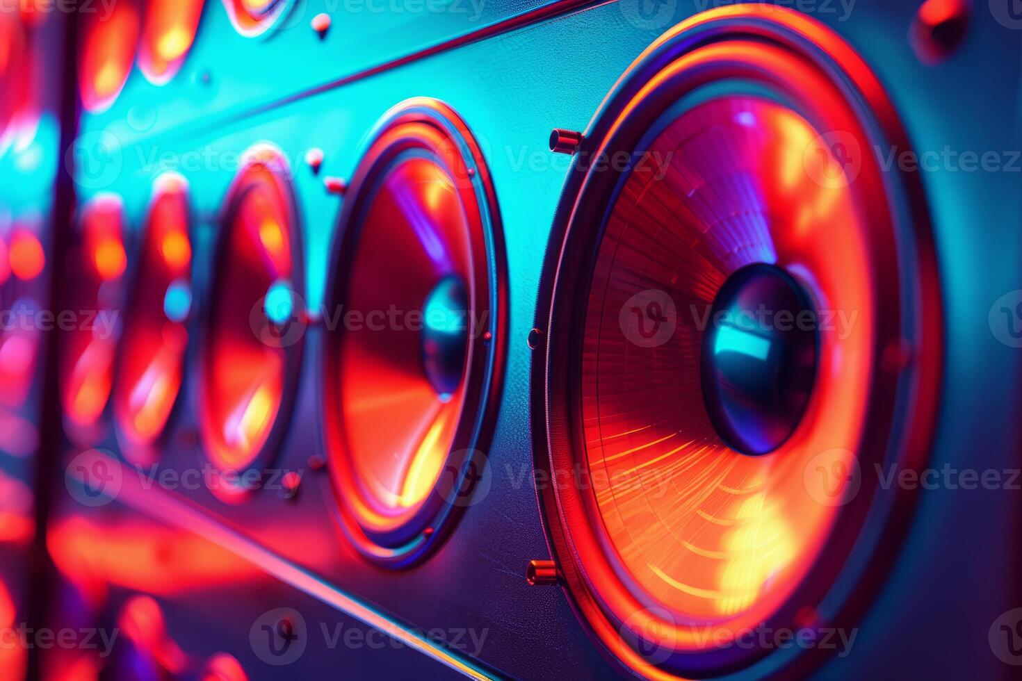Powerful audio speakers playing loud music with vibrant colors photo