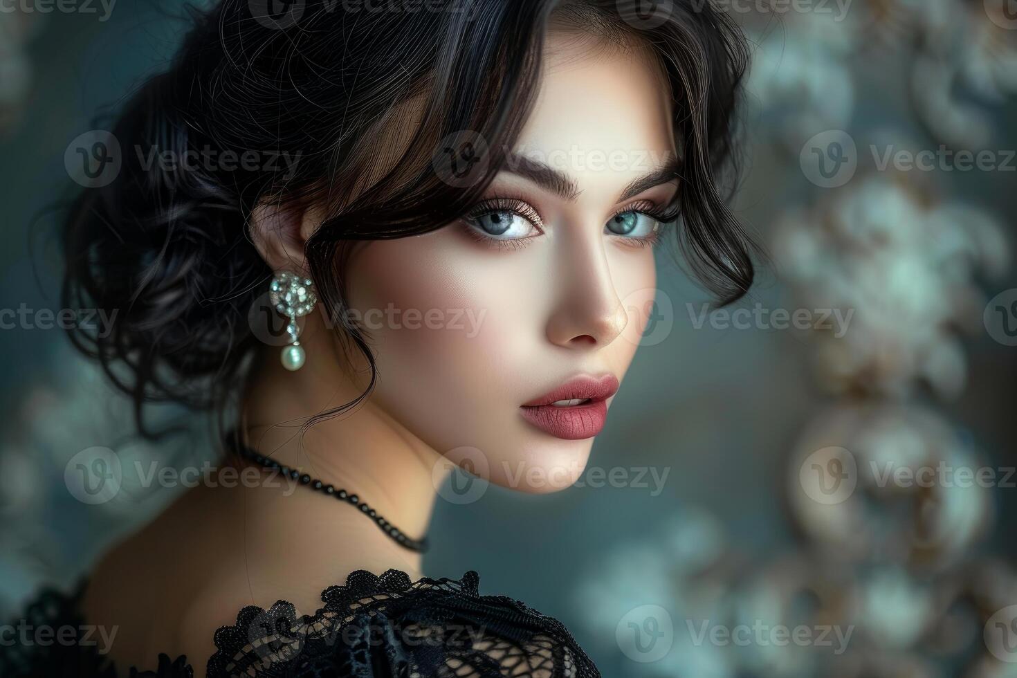 Elegant woman wearing pearl earrings and black lace dress posing in vintage interior photo