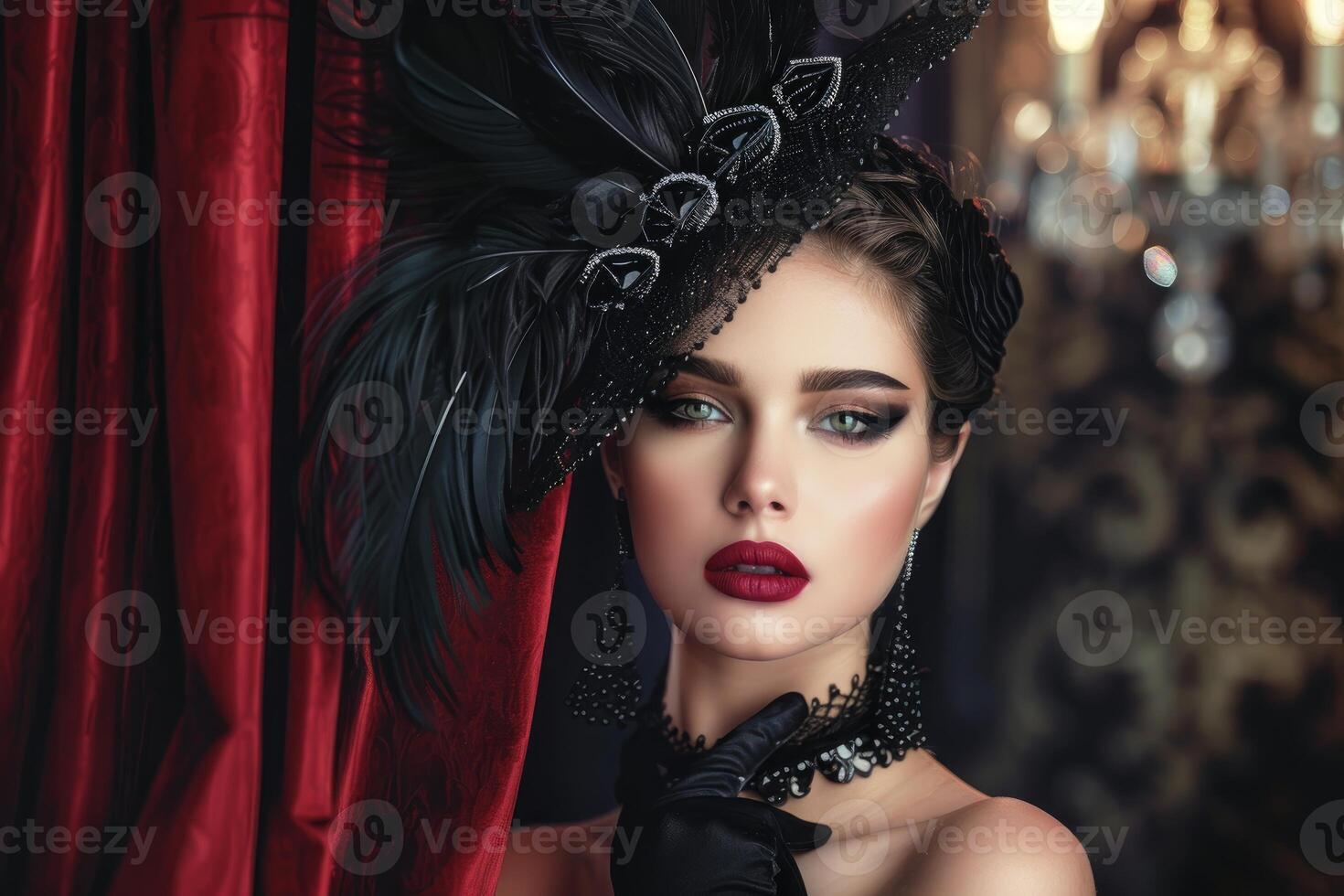 Fashion model posing with elegant black feather hat and gloves photo