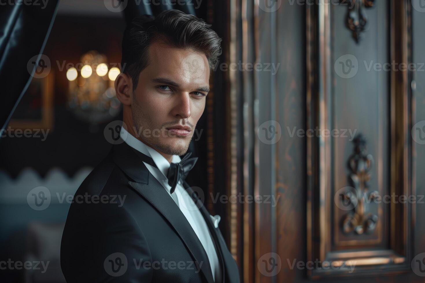 Elegant businessman wearing tuxedo in luxury hotel room photo