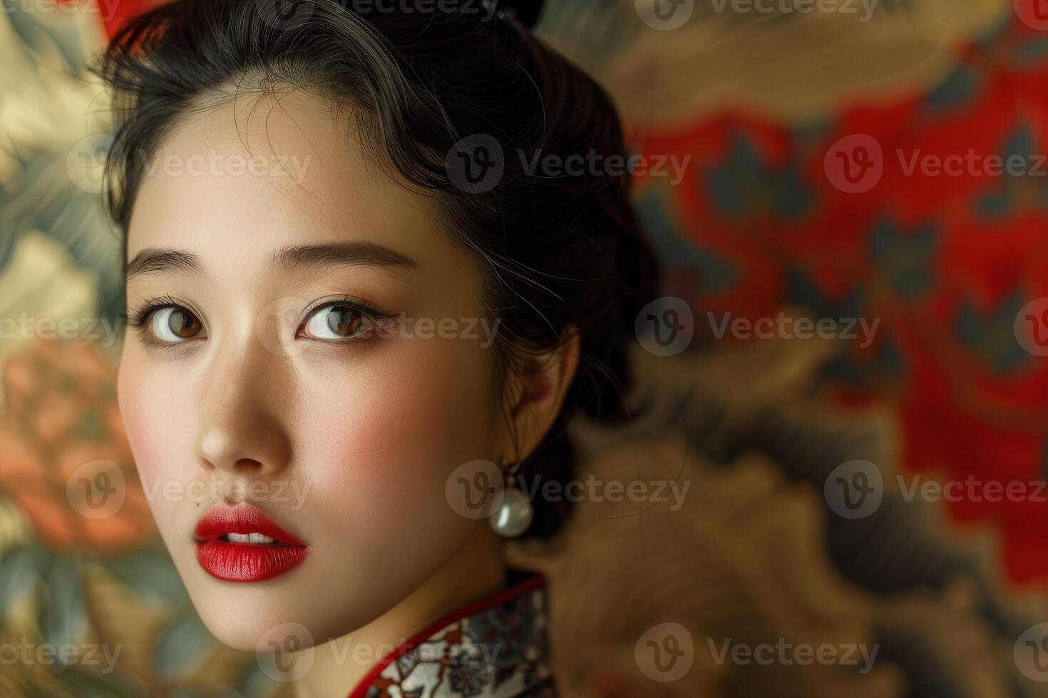Beautiful chinese woman with red lipstick posing in traditional clothing photo