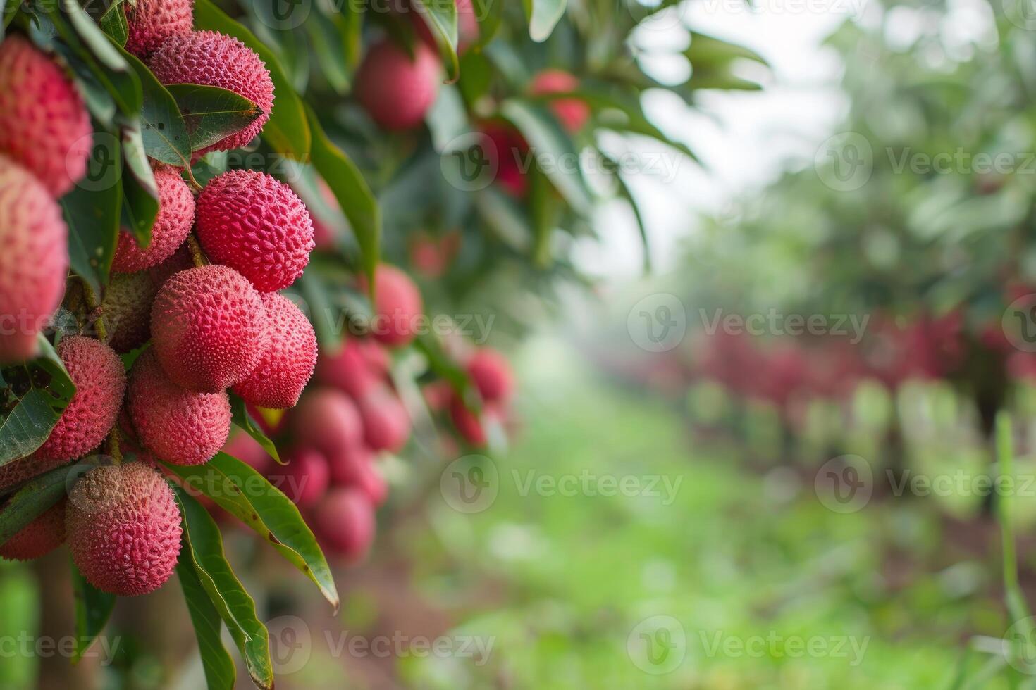 Ripe lychees hanging from a tree in an orchard photo