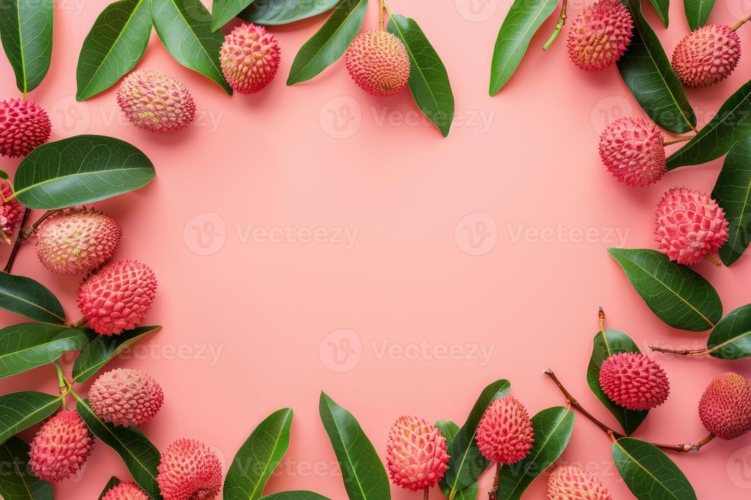 Fresh lychees with green leaves creating a frame on pink background photo