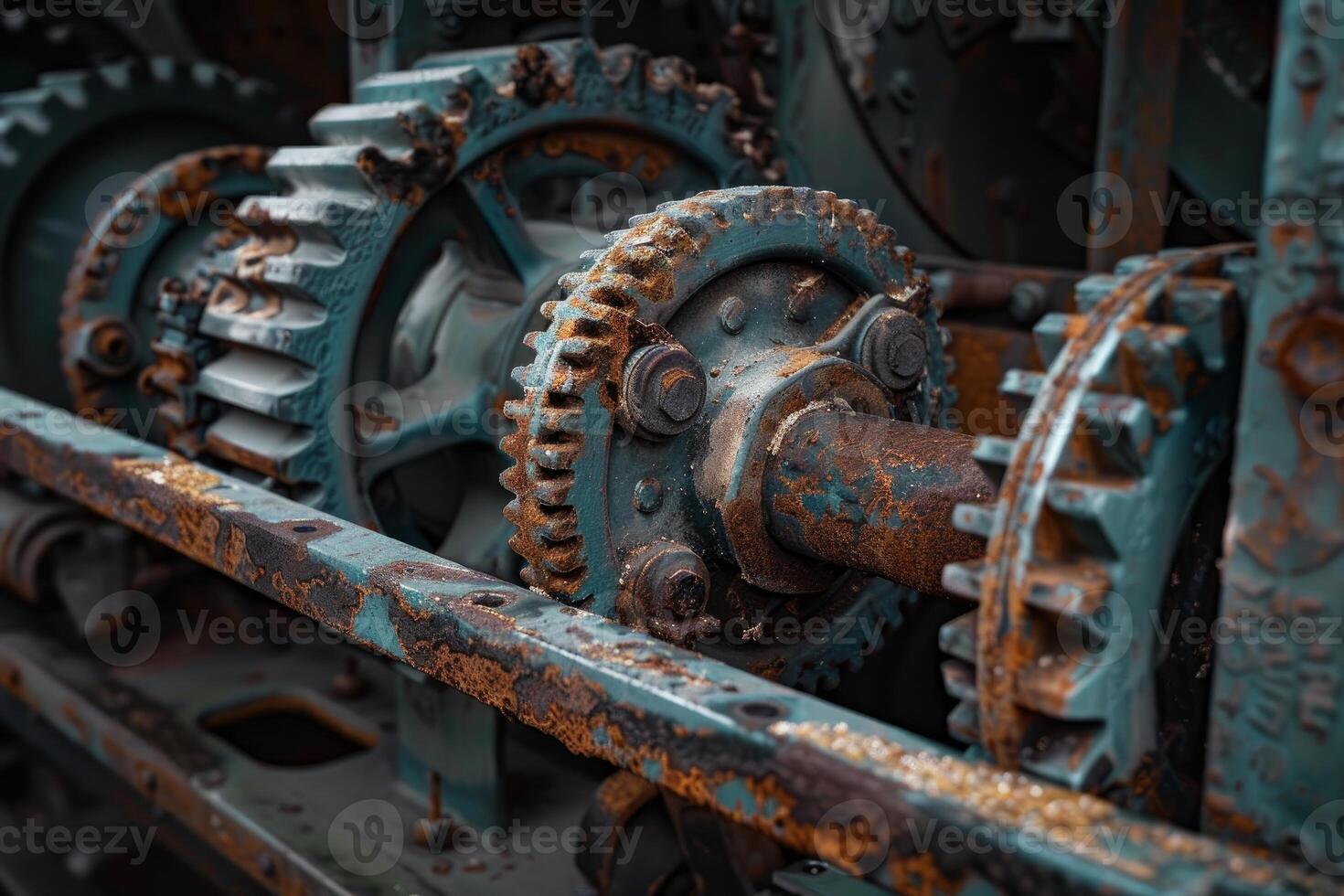 Rusty gears showing oxidation and corrosion in an old industrial machine photo