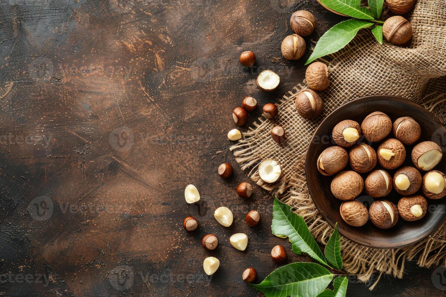 Macadamia nuts displayed on a rustic plate with leaves and burlap photo