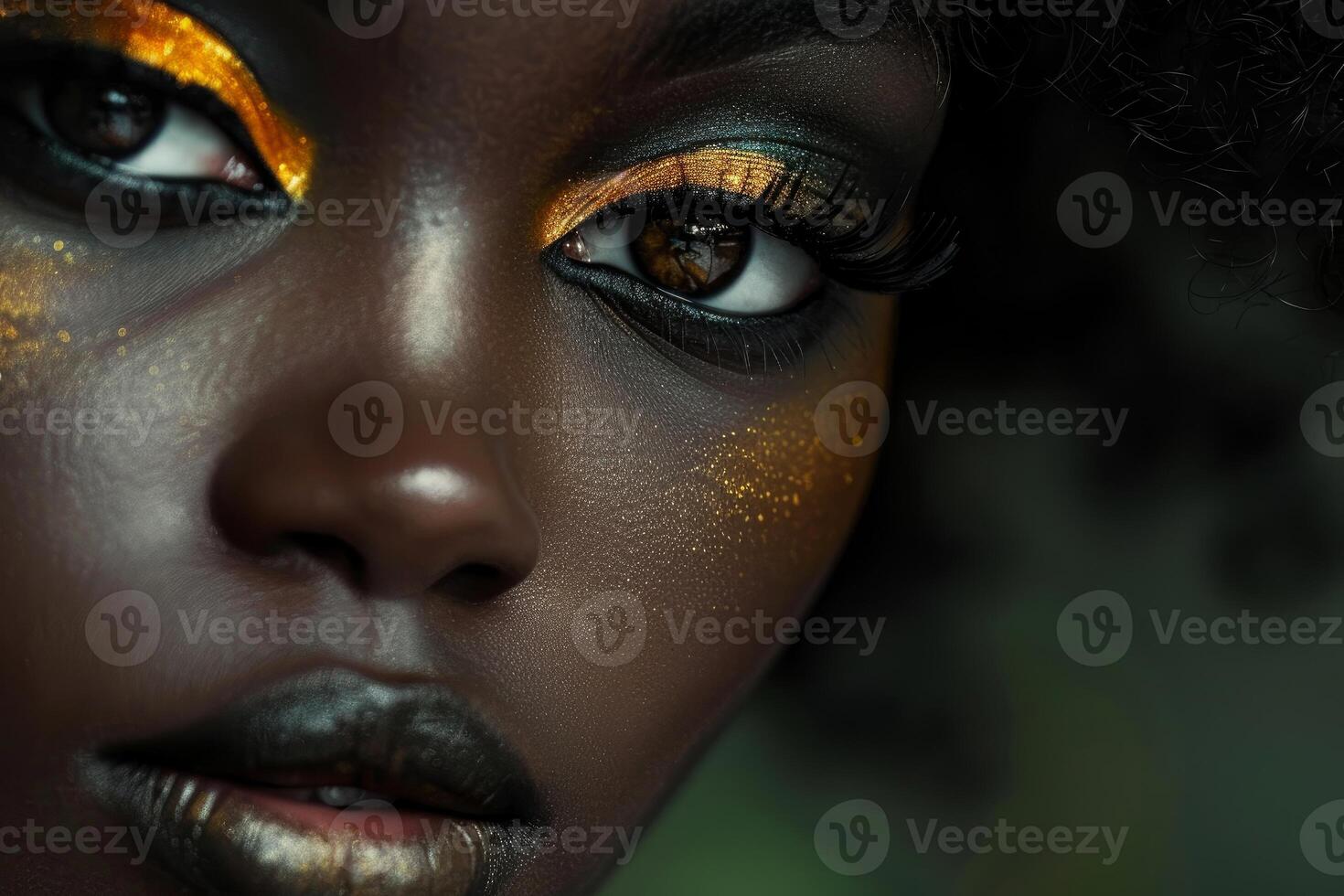 Fashion model showing golden makeup and long black eyelashes photo