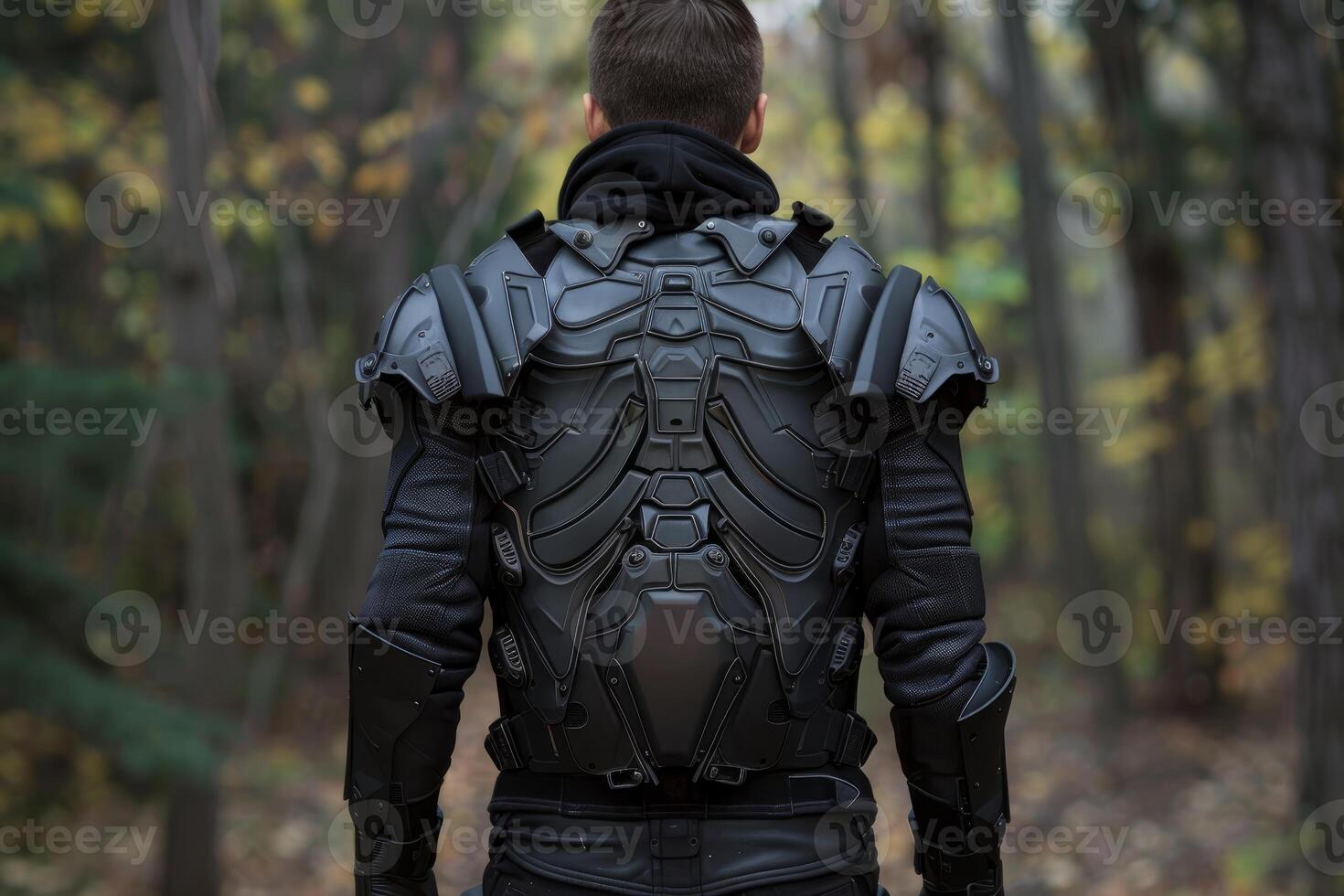 Soldier wearing futuristic combat armor in forest setting photo