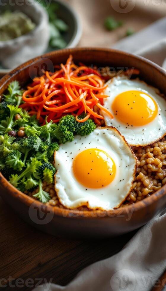 A bowl of food with broccoli, carrots, and eggs photo