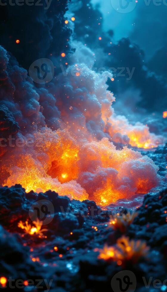 A lava flow is shown in the dark with orange and yellow flames photo