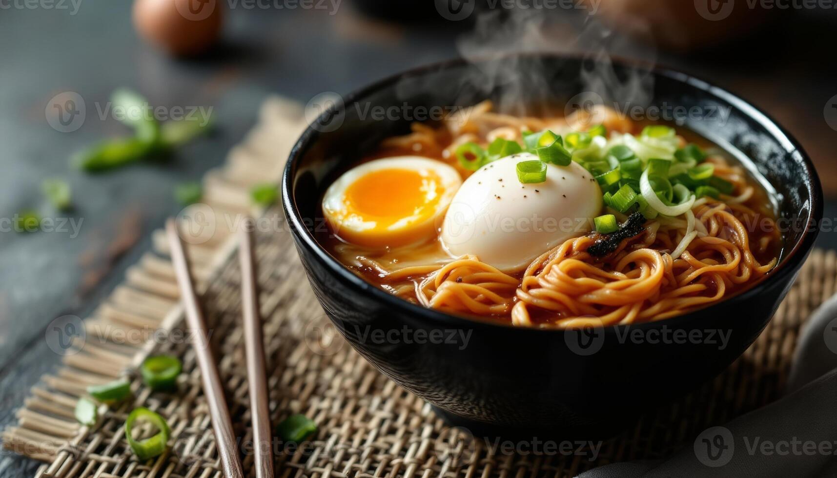 Chinese noodles with egg and chopsticks photo