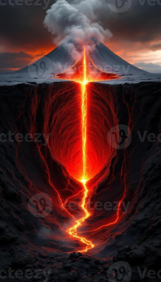 A volcano with lava flowing out of it photo