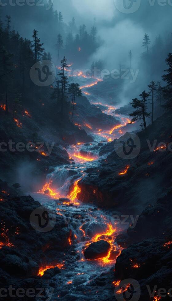 A river flowing through a lava field with trees and fire photo