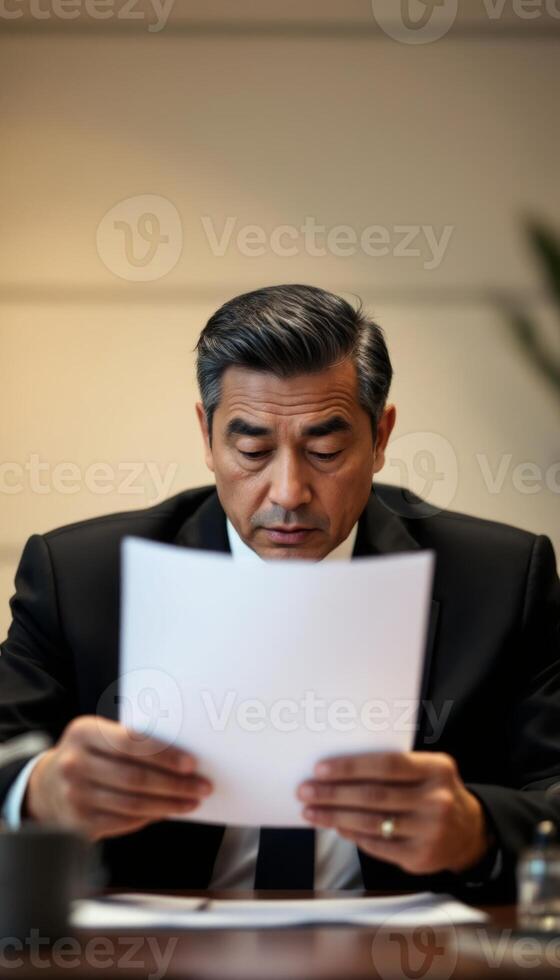 A man in a suit is reading a piece of paper photo