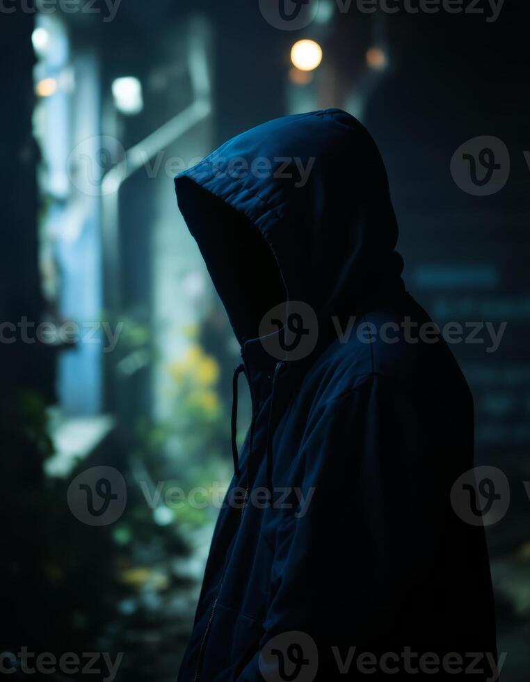 A man in a hoodie stands in the dark photo