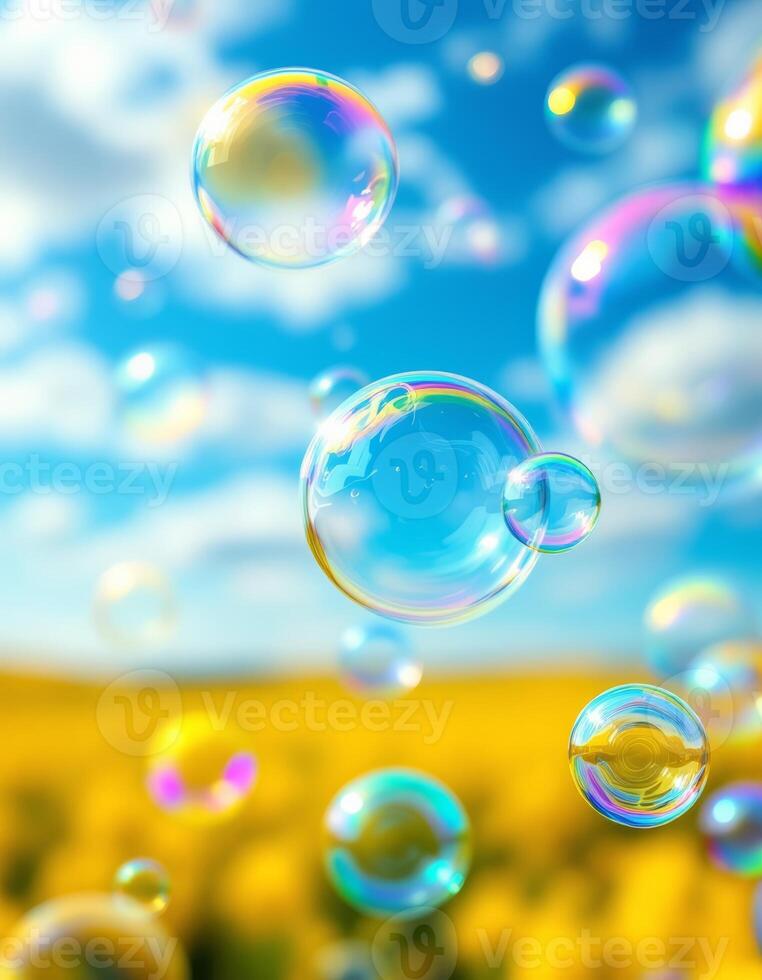 Soap bubbles floating in the air over a field of yellow flowers photo