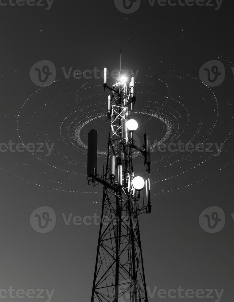 A cell tower with multiple antennas and a black and white photo