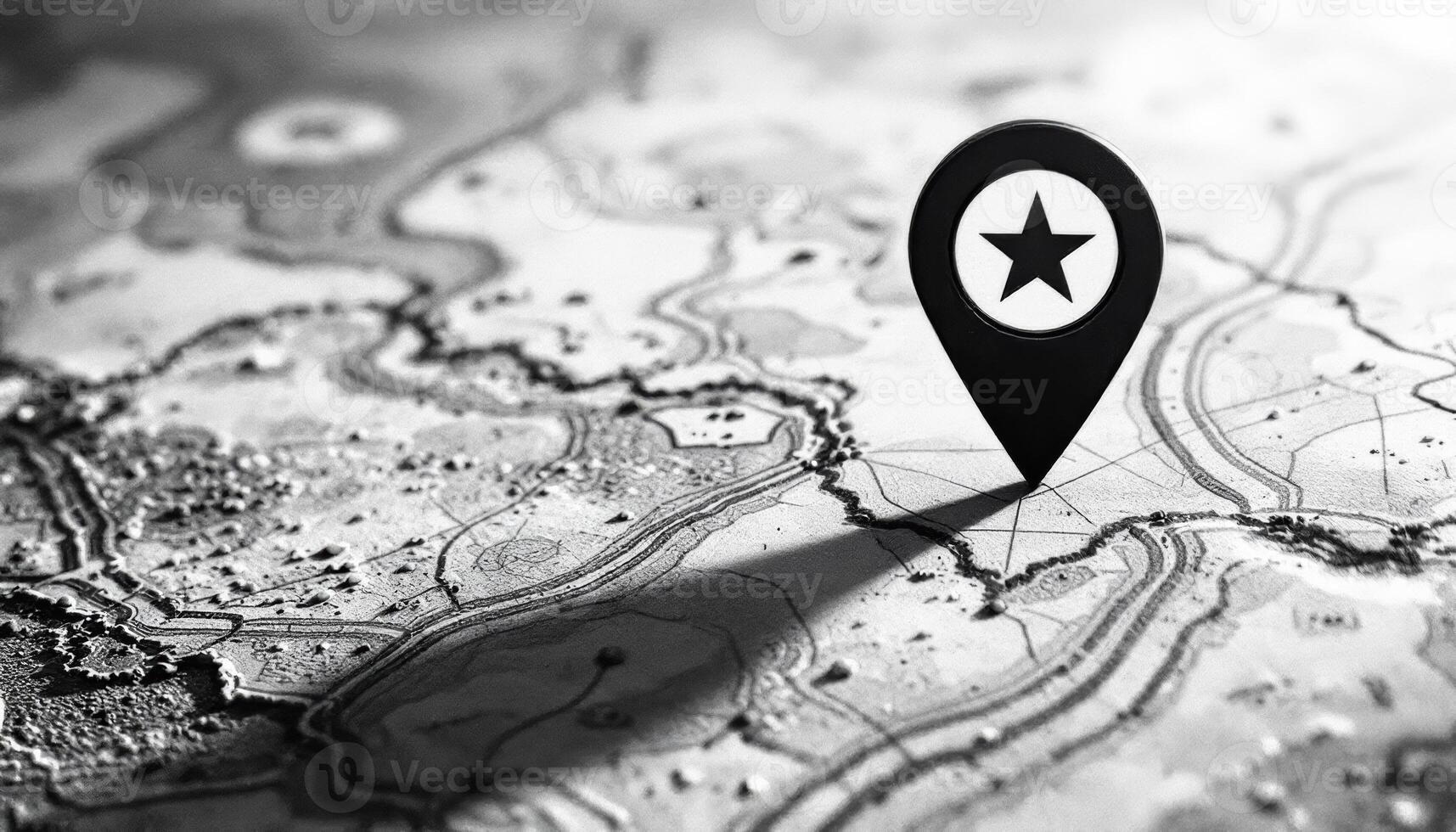 A map pin is pointing to a star on a map photo